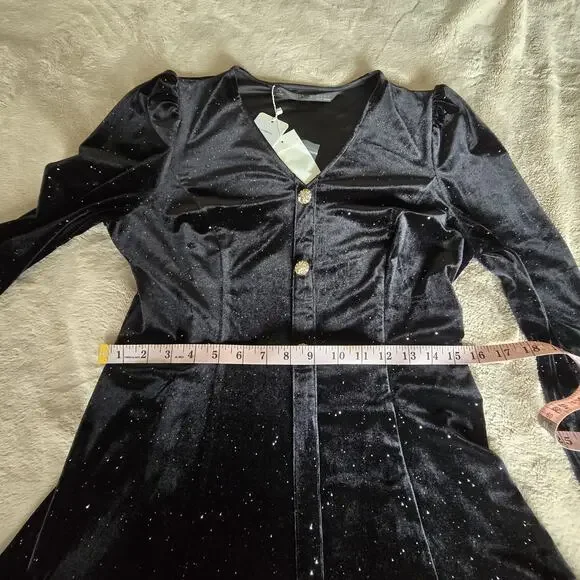 Black Velvet Mini Dress Button Front Long Sleeve Sparkle Holiday Party Cocktail - Picture 12 of 16